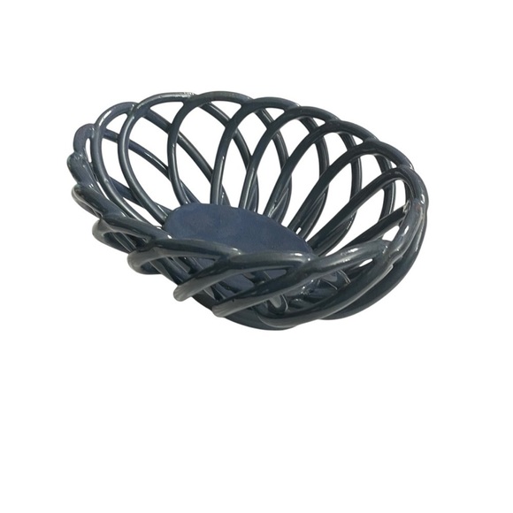 Vintage Blue Lattice Oval Open Weave Bread Basket or Fruit Bowl Pottery Stamped - Picture 6 of 15